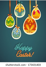 Happy Easter card template, colored eggs and polka dot pattern 