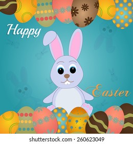 Happy Easter card template, colored eggs and polka dot pattern Vector Easter bunny looking out a eggs background 