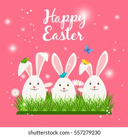Happy easter card template with cute white rabbits or bunny eggs shaped and spring flowers. Vector illustration.