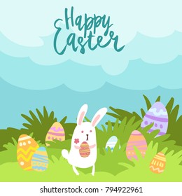 Happy Easter card template with cute white bunny surrounded by decorated eggs holding one. Grass sky background. Hand written lettering.
