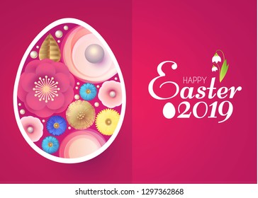 Happy Easter Card Template with Egg Desorated with Spring Flowers. Vector illustration