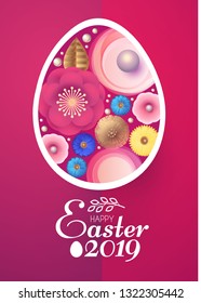 Happy Easter Card Template with Egg Desorated with Spring Flowers. Vector illustration
