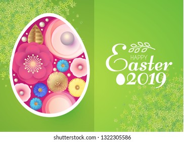 Happy Easter Card Template with Egg Desorated with Spring Flowers. Vector illustration