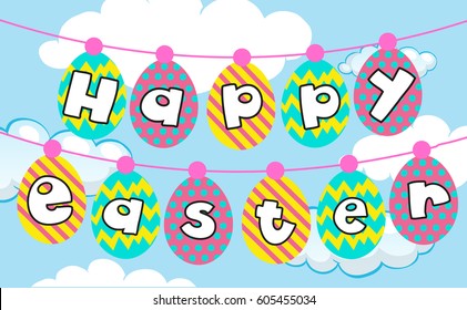 Happy Easter card template with eggs in sky illustration