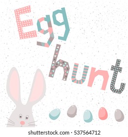 Happy easter card template. Funny cartoon applique childish rabbit and eggs.