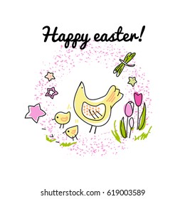 Happy easter. Easter card. Template for greeting card. Chicken and  chicken. Spring flowers 