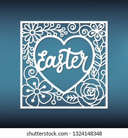 Happy Easter card template for laser cutting. Openwork floral gift card. Stencil for decor, stamp, cutout.