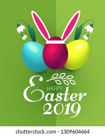 Happy Easter Card Template with Realistic Eggs, Flowers and Bunny Ears. Vector illustration