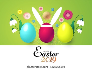Happy Easter Card Template with Realistic Eggs, Flowers and Bunny Ears. Vector illustration