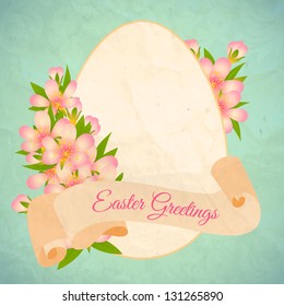 Happy Easter card template,  with ribbon and flowers.