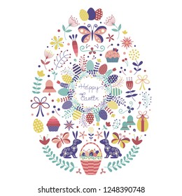 Happy Easter card template with traditional symbols and easter icons in egg shape. Spring holiday festive decorative elements for print and greeting postcards.