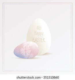 Happy Easter card template with two eggs. Front egg is colored in pantone color of the year 2016 Rose Quartz and Serenity, decorated with daisy flowers.