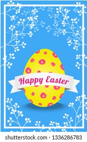 Happy Easter card template. Vector greeting illustration with colored egg, branches and banner