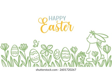 Happy Easter card template with vector line art rabbit and eggs illustration, cute modern doodle greeting design