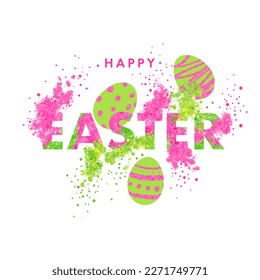 Happy Easter card with text, eggs, and colorful explosion. Vibrant color splash. Powder explosion from Easter typography phrase. Abstract multicolor background