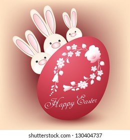 Happy Easter card with three bunnies and red egg