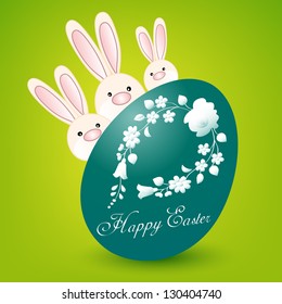 Happy Easter card with three bunnies and turquoise egg on green