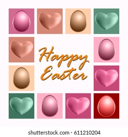 Happy Easter Card with  tradition Symbol. Set of 3d hearts and Easter eggs on a light Background. Vector illustration