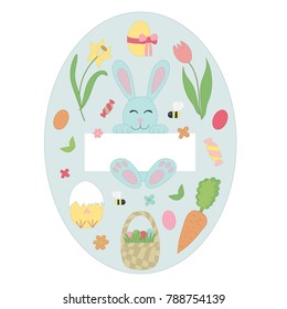 Happy Easter card with traditional festive symbols. Such as bunny, basket, flowers, wreath, eggs, chickens, birds, butterfly and other decorative elements in cute and childish hand drawn style.