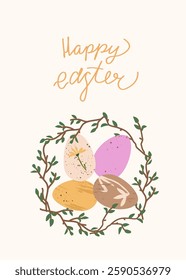 Happy Easter card. Trendy pastel greeting card with spring nest, wreath and eggs. Minimalistic and elegant vector design with hand drawn calligraphy