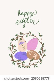 Happy Easter card. Trendy pastel greeting card with spring nest, wreath and eggs. Minimalistic and elegant vector design with hand drawn calligraphy