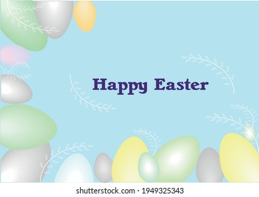 Happy Easter card with twigs and Easter eggs of different colors. The inscription Happy Easter purple color surrounded by branches with leaves. All objects are on a light background. 