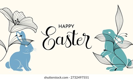 Happy Easter Card With Two Bunny  And Spring Flowers Illustration. Easter Banner Flat Design Vector Illustration 