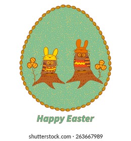 Happy Easter card. Two owls on tree stumps.