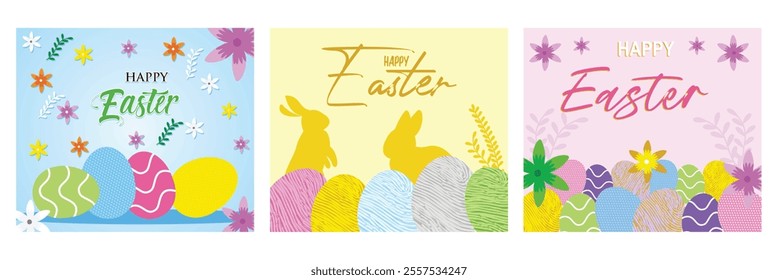 Happy Easter Card. Two Rabbits and various Decorated Eggs. Colorful Eggs and beautiful Flowers. Set flat vector modern illustration 