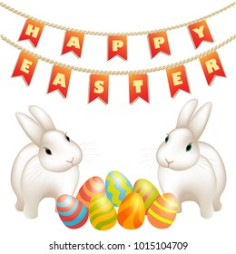 Happy Easter card with two white bunny, painted eggs and flags on rope. Holiday colorful vector illustration. inscription "Happy Easter"