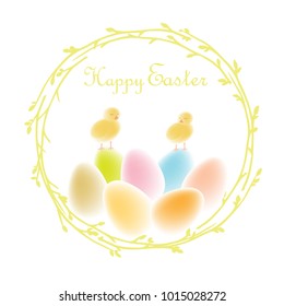 Happy Easter card with two yellow chick, painted eggs and tree branches wreath. Holiday colorful vector illustration. inscription "Happy Easter"