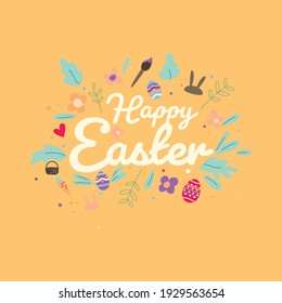 Happy Easter card with various Easter activities like egg hunting, face painting and rabbit feeding