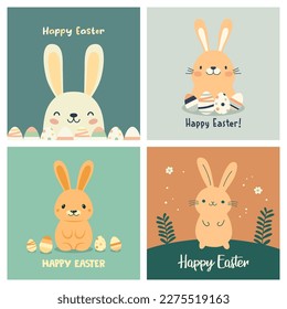 Happy Easter Card. Vector Easter Banner Set with Cute Funny Cartoon Minimalistic Rabbits and Eggs. Greeting Card, Placard for Easter Holiday with Flat Hare, Bunny. Vector Illustration