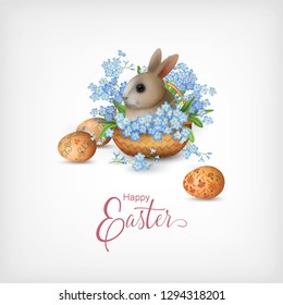 Happy Easter Card. Vector basket full of spring flowers, painted eggs and cute little rabbit on white background