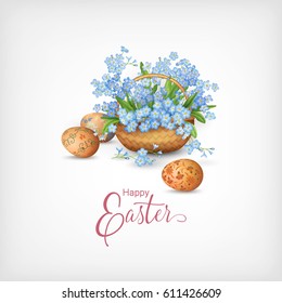 Happy Easter Card. Vector basket full of spring flowers and eggs
