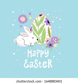 Happy easter card. Vector childish illustration with cute bunny and egg. Holiday easter background in cartoon style. 