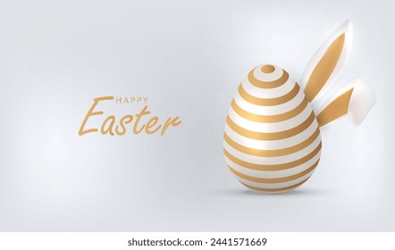 Happy Easter card vector with egg in gold lines pattern and bunny ears. Holiday banner background.	
