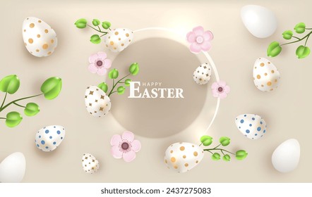 Happy Easter card vector with eggs and flowers. Holiday banner background.	
