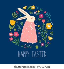 Happy easter card. Vector elegant childish pattern with cute bunny and flowers. Holiday easter illustration in cartoon style. Stylish holiday background.

