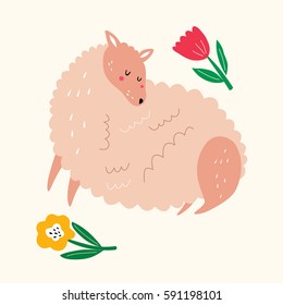 Happy easter card. Vector elegant childish pattern with cute lamb and flowers. Holiday easter illustration in cartoon style. Stylish holiday background.
