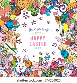 Happy Easter card in vector. Frame made of funny rabbits, eggs, easter cakes and spring flowers. Stylish holiday background in sketch doodle style.  Greeting card