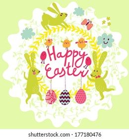 Happy easter card in vector. Funny rabbits, chicken, clouds and eggs in cute cartoon style