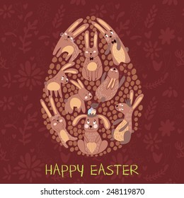 Happy easter card in vector. Funny rabbits in cute cartoon style