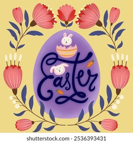 happy easter card .vector. Funny rabbits and spring flowers with hearts. Stylish holiday. background