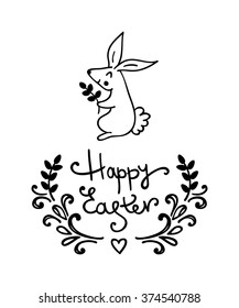 Happy easter card in vector. Funny bunny and spring flowers