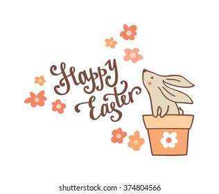 Happy easter card in vector. Funny bunny and spring flowers.