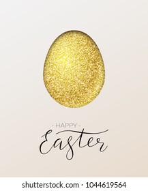 Happy Easter card. Vector golden paper egg and Happy Easter text.