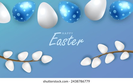 Happy Easter card vector. Holiday easter eggs and catkins on blue background.