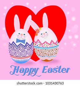 Happy easter card vector illustration. Cute sweetheart bunny in easter eggs with heart shape on pink background.