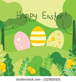 Happy Easter card. Vector illustration of easter eggs in the nature view in the flat design 